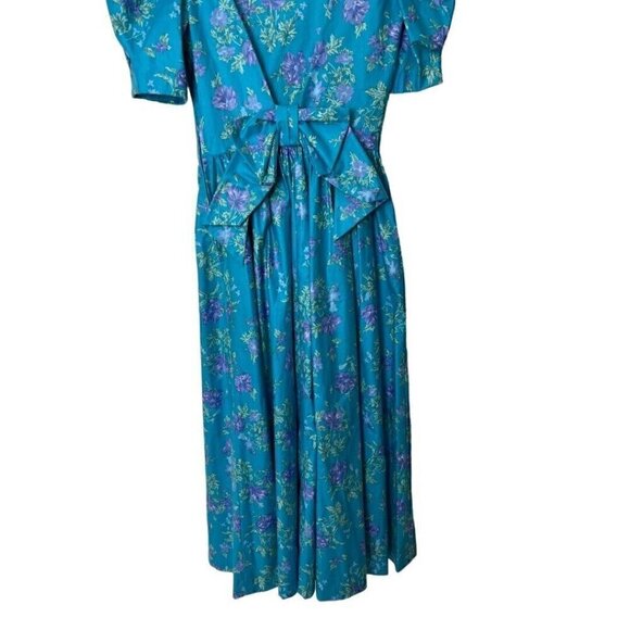 Vintage Laura Ashley Teal Floral Cottage Core Bow Back Dress US 6 2 UK 8 - Picture 5 of 8